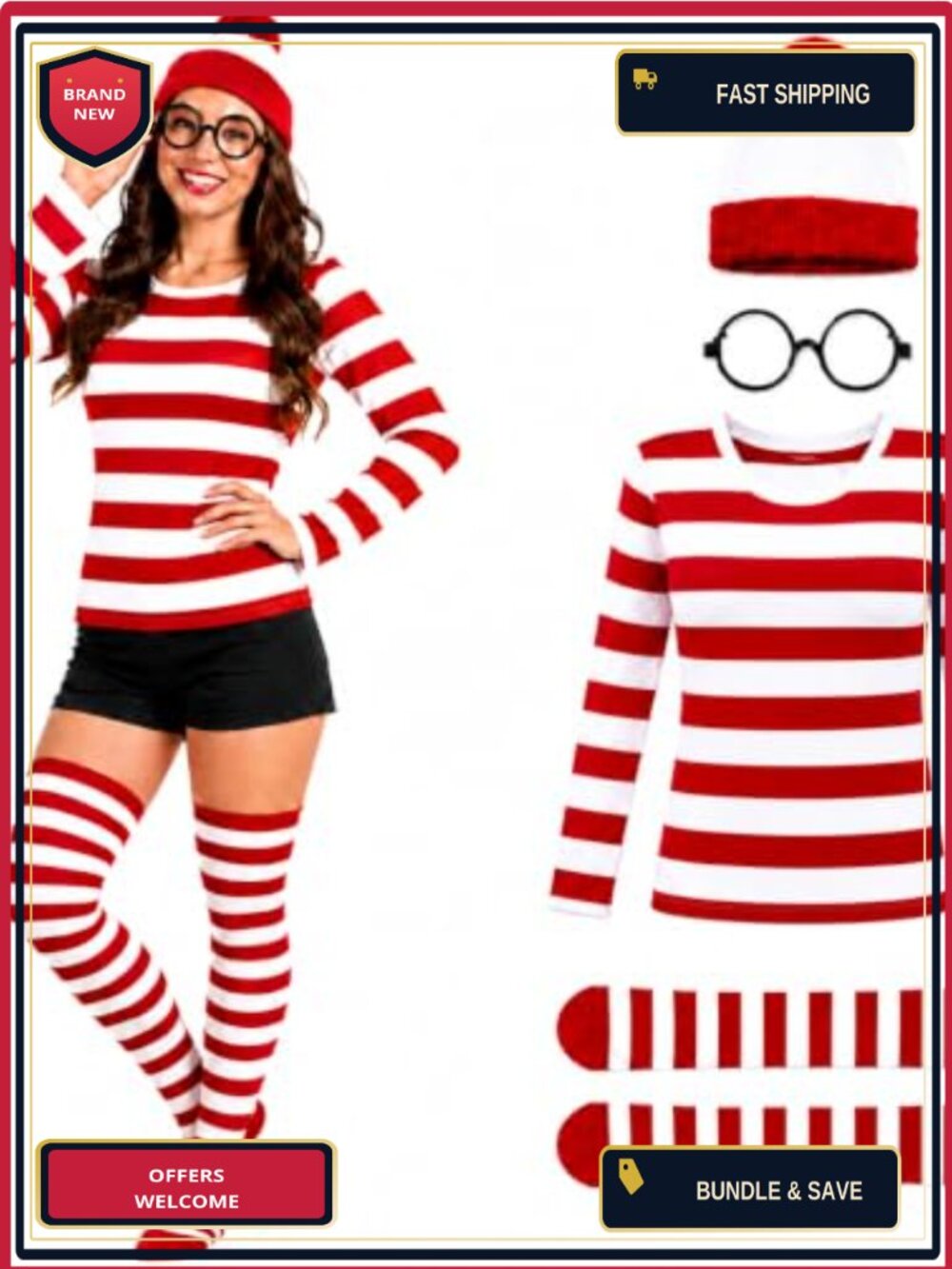 Halloween Cosplay Costume Set Striped Shirt Socks Beanie Glasses